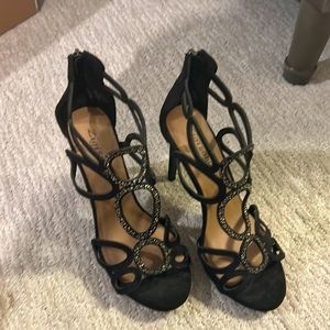 Black stelletos with black chrome crystals and nickel zipper